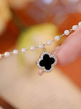 时尚秋冬黑色四叶草珍珠项链
