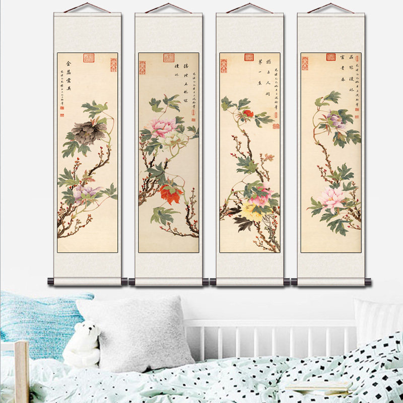 清代名家花鸟画任伯年卷轴画四条屏丝绸画黄宾虹装饰画绢画国画