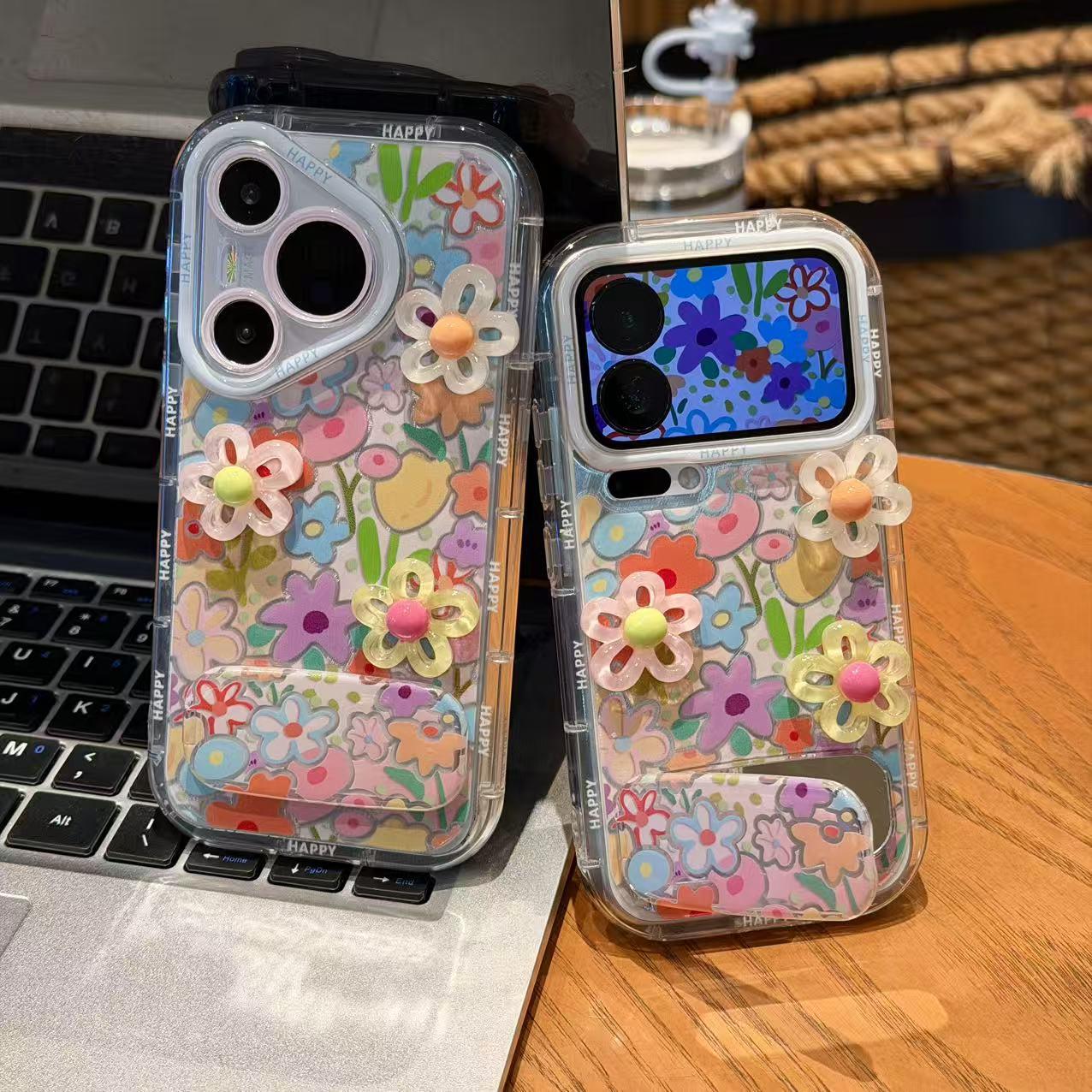 彩色多巴胺立体花朵手机壳苹果17Promax华为vivo镜子支架iPhone16pro春日氛围OPPO小米15春天p羽纱花镜面适配