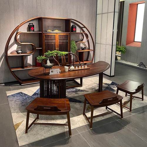 新中式乌金檀实木茶桌椅组合简约家用阳台弧形茶台茶桌方凳博古架