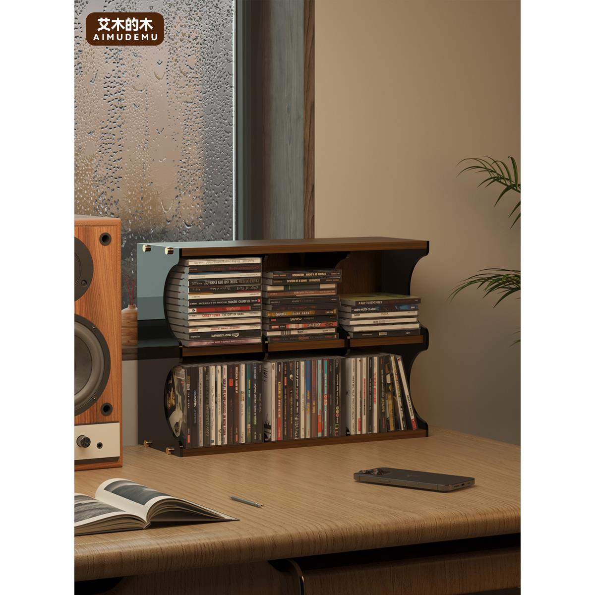 桌面Cd专用存储盒大容量Cd架组织者黑胡桃唱片存储架防尘光盘Cd盒