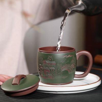 高档茗茶艺壶 宜兴手工紫砂杯汉瓦盖杯刻绘办公家用泡茶杯 460cc