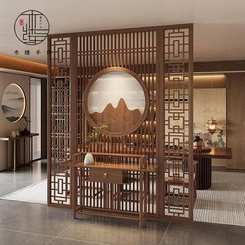 新中式屏风玄关隔断实木客厅简约现代入户遮挡办公室茶室镂空定制