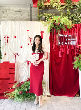 韩系订婚布置装饰全套摆件红色背景布高级婚礼定亲宴酒店拍照场景