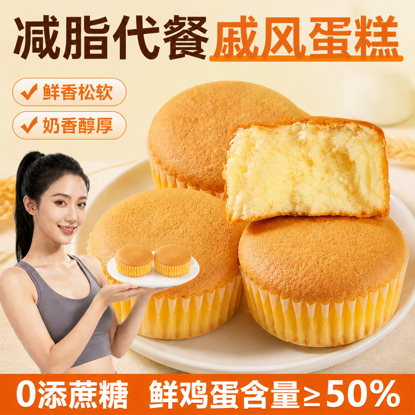 无糖水牛乳蛋糕无蔗糖戚风蛋糕营养早餐面包糕点适合减脂期的食物
