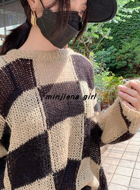 现】韩国设计师  theopenproduct 2021年秋季新款 休闲格子毛衣