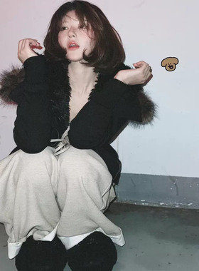 RA赵露思同款 连帽毛领斜襟毛绒内胆棉服卫衣开衫外套