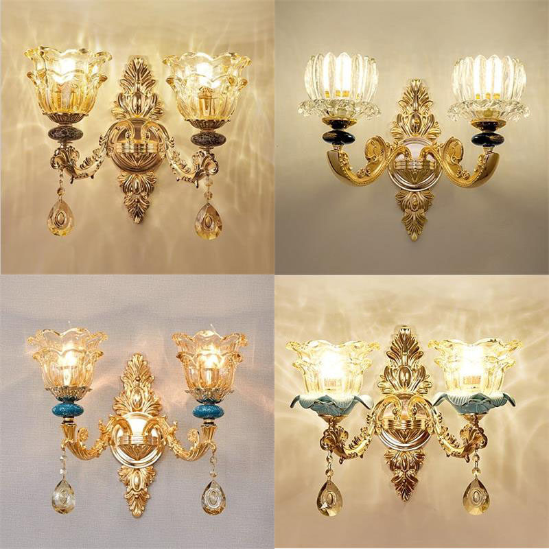 欧式水晶壁灯法式奢华客厅背景墙壁灯卧室床头灯陶瓷双头过道壁灯