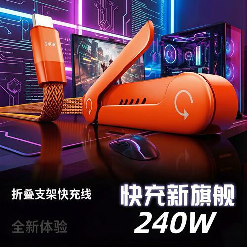 双type-C数据线带手机支架240W快充适用苹果15/16华为小米笔记本iPad平板iPhone17追剧手游弯头充电线