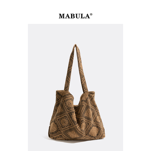 MABULA针织包2025秋冬新款大容量手提包美拉德格纹托特包帆布包包