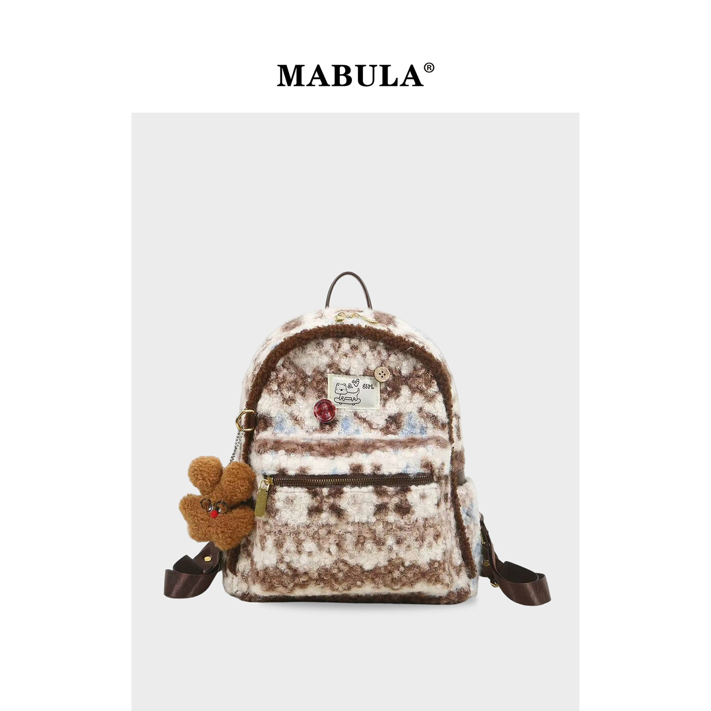 MABULA费尔岛小众毛呢双肩包女2026春季可爱学生书包毛绒绒小背包,箱包皮具/热销女包/男包,双肩背包,淘宝优惠券,粉丝福利购,淘宝优惠卷