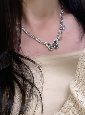 暗黑蝴蝶锆石吊坠项链设计时尚