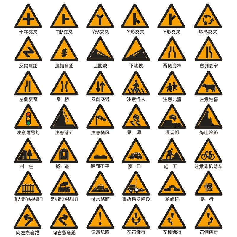 乡村道路三角警示牌左右急弯村庄慢让十字路口注意行人落石标志牌