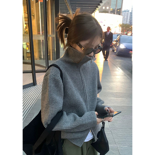 韩版复古双拉链高领针织开衫女秋冬慵懒风设计感休闲百搭翻领毛衣