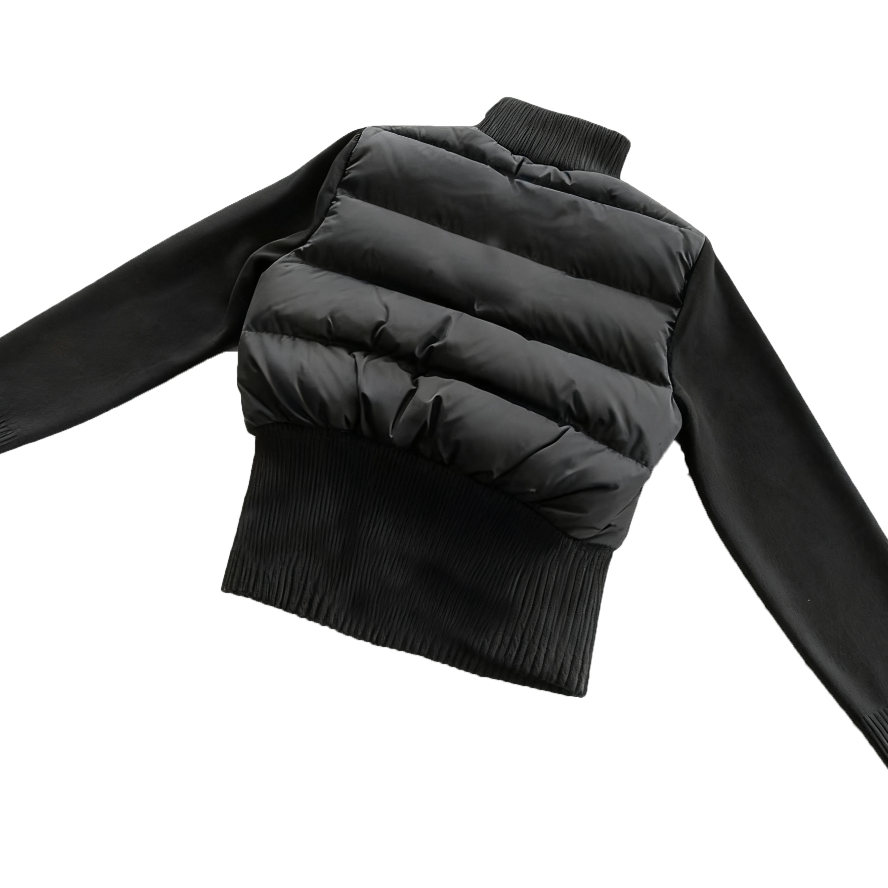 thumbnail for Fine Horizontal Stripes, Left Bell Detail, Knitted Collar, Vertical Pockets, Black down Jacket 11112816