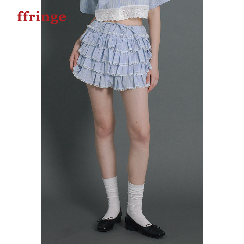 ffringe原创设计蓝色多层蛋糕裙蕾丝拼接