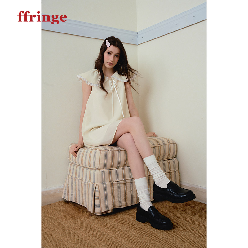 ffringe 米黄色大娃娃领a字裙娃娃裙甜美千金风连衣裙夏