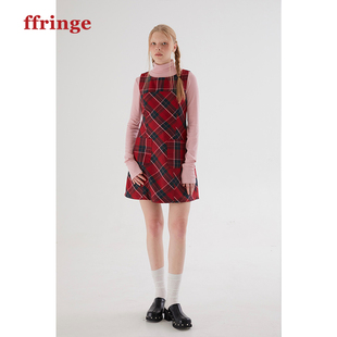 ffringe 原创设计师款秋新款少女风红格子简约背心A字连衣裙