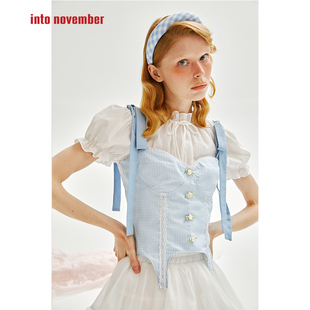 ffringe 原创设计师款 减龄蓝格子胸衣小花纽扣系带上衣