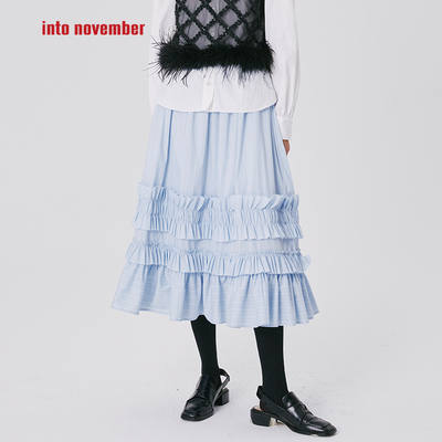 原创设计师多层花边蓝色大裙摆