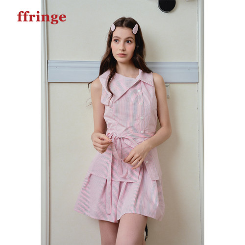 ffringe原创小众设计师 粉色条纹连衣裙短裙系带无袖假两件裙子