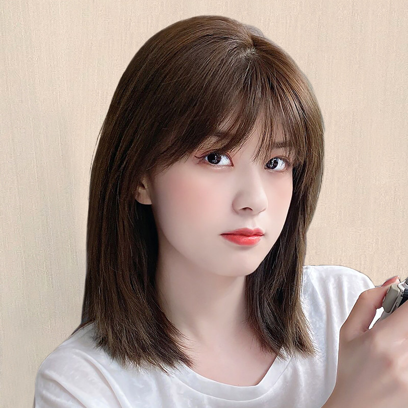 假发女短发2021年时尚新款真人发丝全头套锁骨中长发自然真发发套