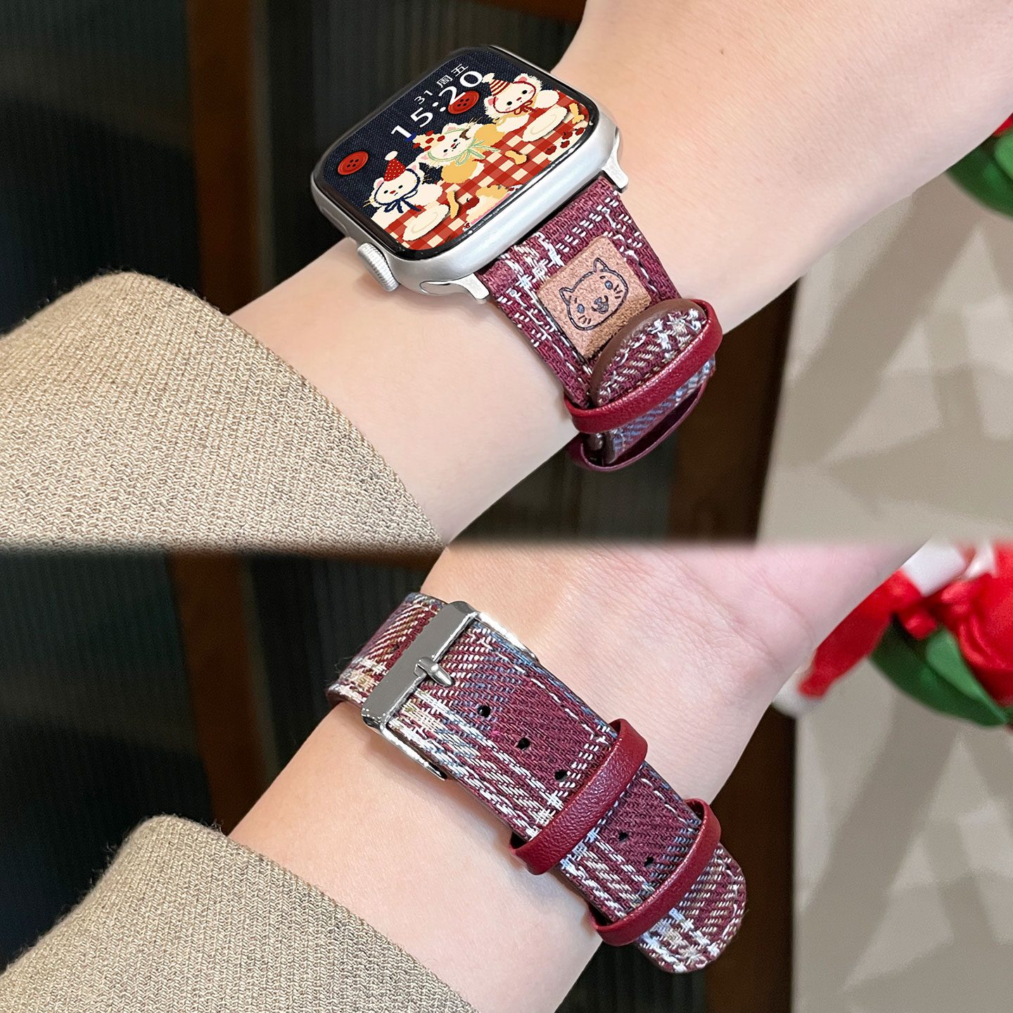 适用小米9pro手表表带帆布格纹针扣皮8Pro手环腕带红米watch6/5/4男透气秋冬高级女新款帆布替换带通用配件