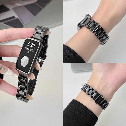 适用华为手环9/8/7/10表带荣耀手环9/7/6NFC腕带华为band10金属三珠不锈钢手表带华为9手环带保护壳保护套