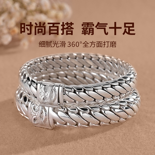 银千造 三马鞭足银999手工编织男女款纯银手链醒狮亮面实心银手串