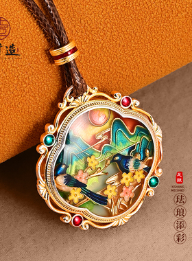 足银999实心吊坠珐琅银项链