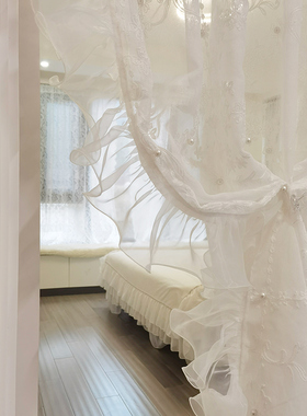 法式洛可可珍珠纱门帘隔断帘荷叶边木耳蕾丝客厅卧室阳台飘窗帘纱