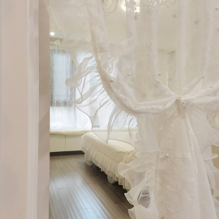 法式 洛可可珍珠纱门帘隔断帘荷叶边木耳蕾丝客厅卧室阳台飘窗帘纱