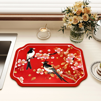 中式喜鹊硅藻泥沥水垫厨房台面碗盘吧台餐垫桌垫隔热垫茶台茶垫