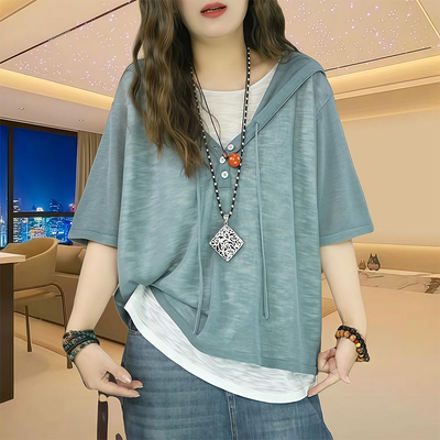 透气宽松连帽假两件短袖T恤女