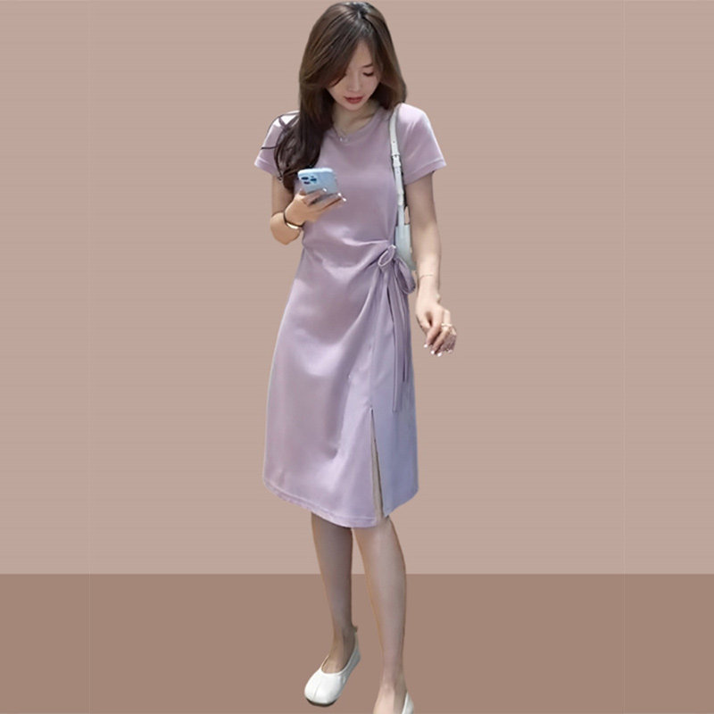 休闲法式紫色短袖t恤连衣裙女2026新款夏季设计感小众收腰a字裙子