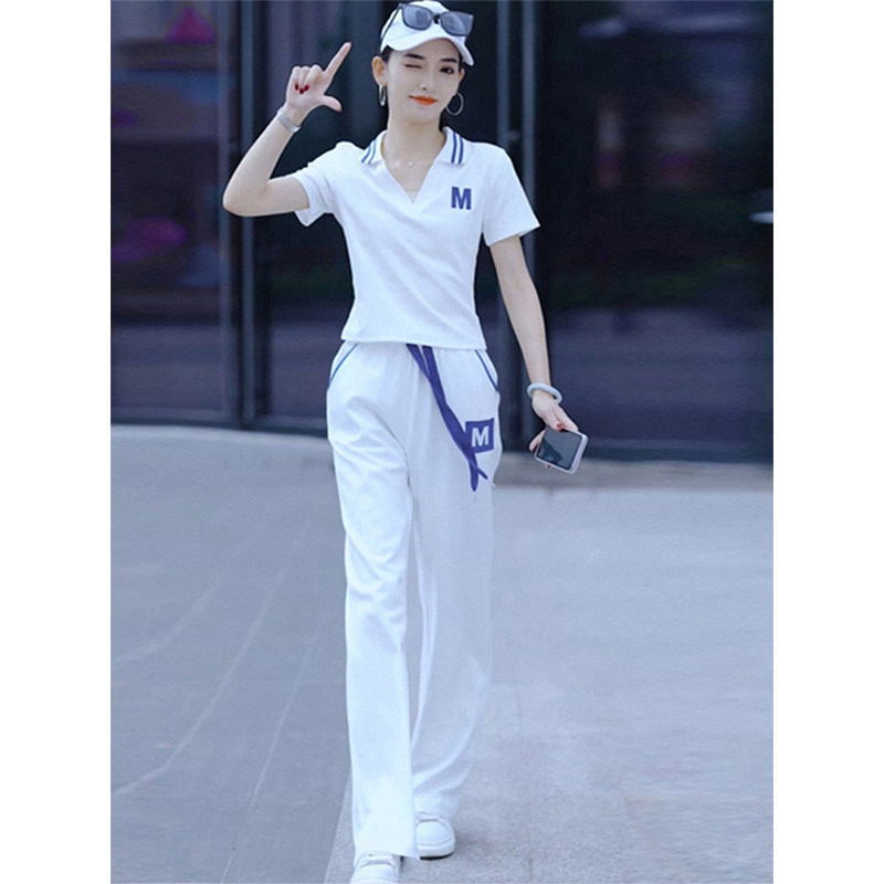 欧货纯棉时尚休闲运动服套装女夏季2026新款洋气显瘦阔腿裤两件套
