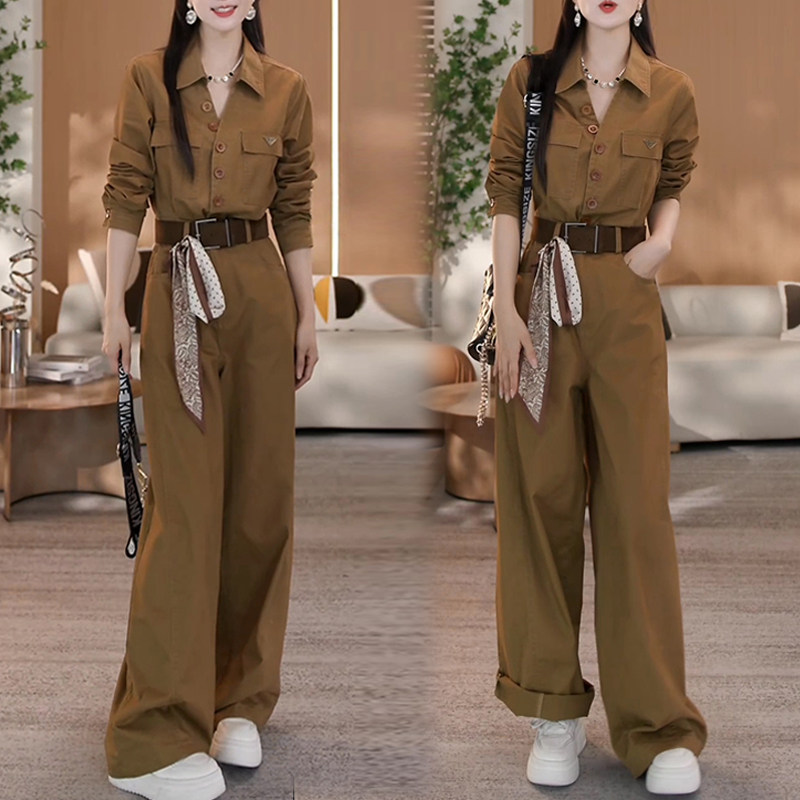 连体裤2026春秋季新款明线设计长袖直筒工装连体衣阔腿长裤潮