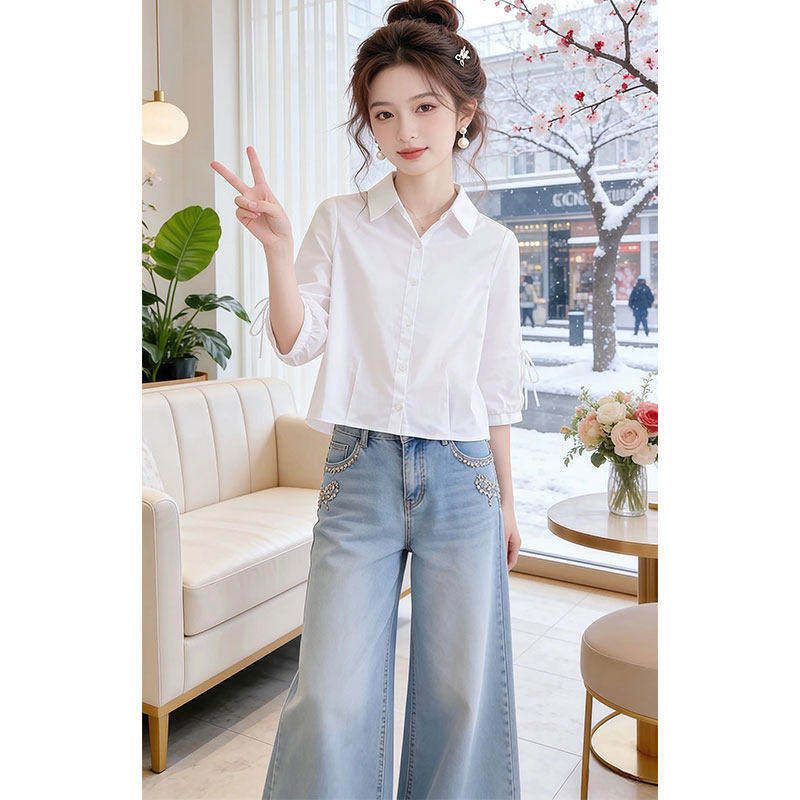 通勤风灯笼袖衬衫女2026夏季新款透气五分袖上衣宽松中袖衬衣爆款