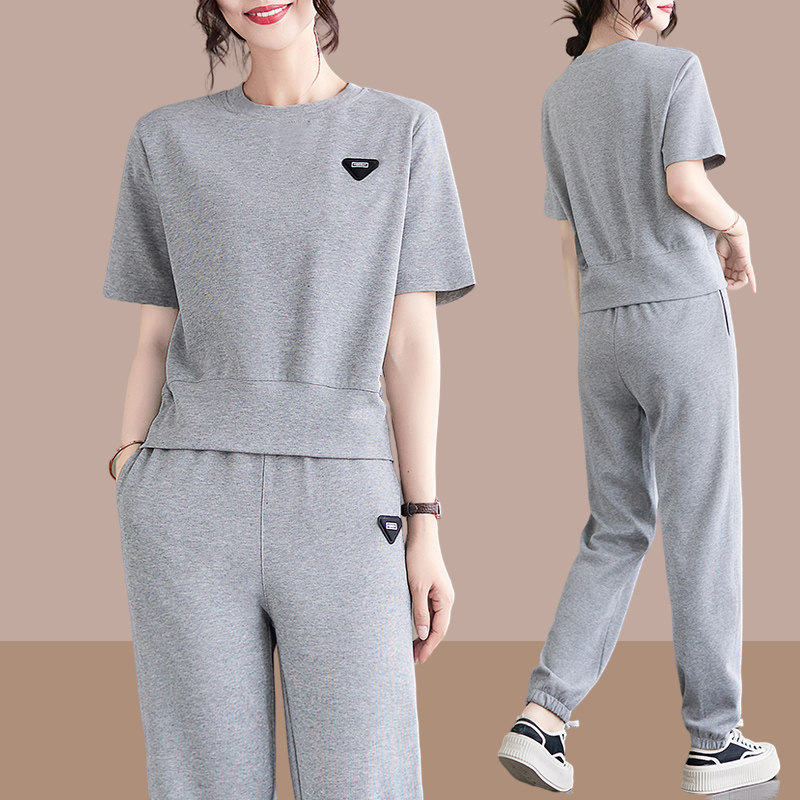 纯棉运动套装女夏2026新款大码宽松圆领短袖休闲跑步服洋气两件套