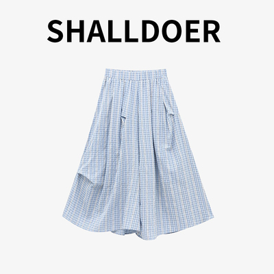 蓝色格子花苞裙裤女夏季薄