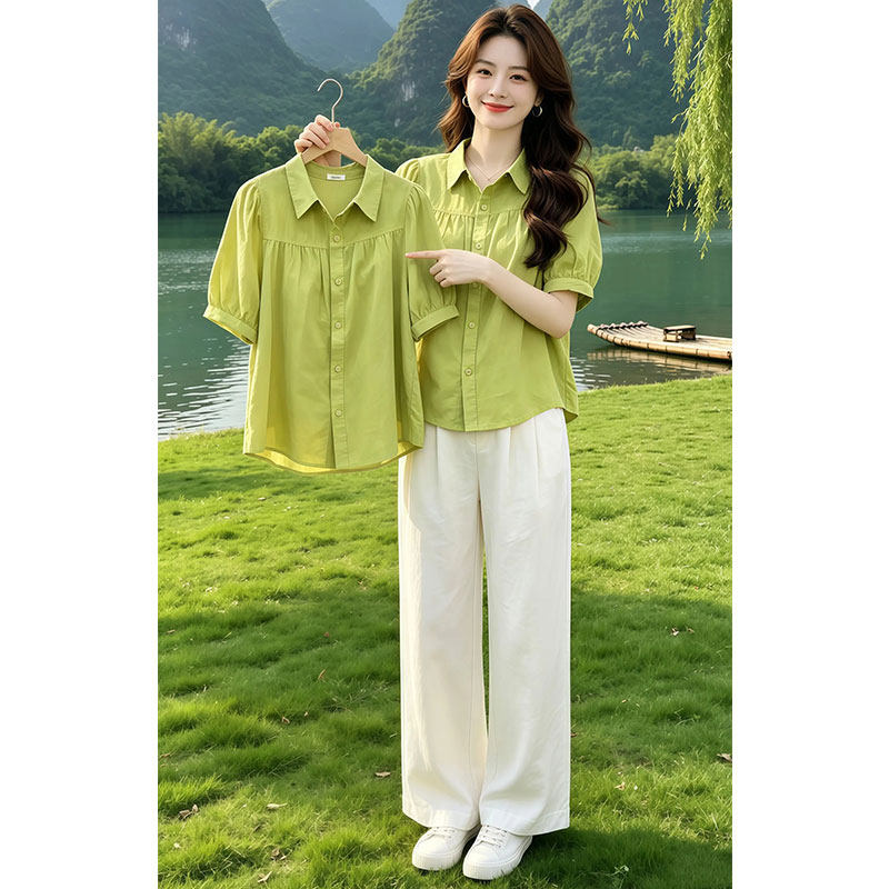时尚简约小翻领灯笼袖绿色衬衫女夏季高级感宽松减龄显瘦大码上衣