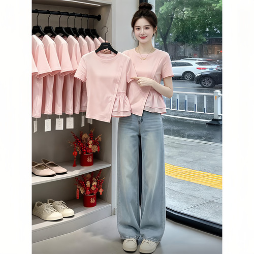 慵懒风时尚褶皱设计感T恤女