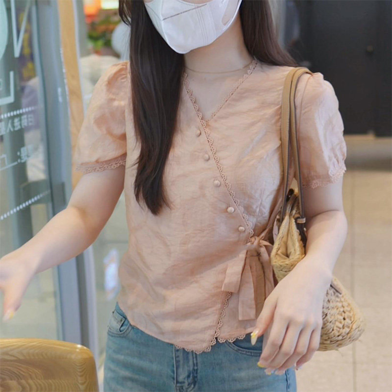 韩版设计感粉橘色侧边系带花边领衬衫女夏2026减龄温柔短袖上衣潮