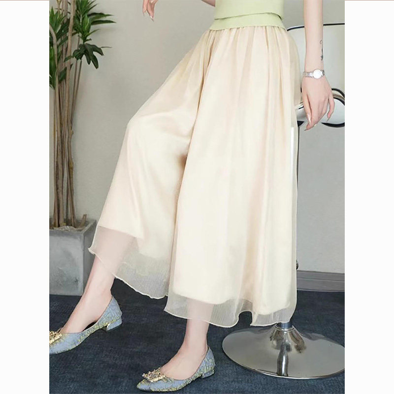 大码冰丝雪纺阔腿裙裤女夏季薄款胖mm显瘦梨形身材高腰九分休闲裤