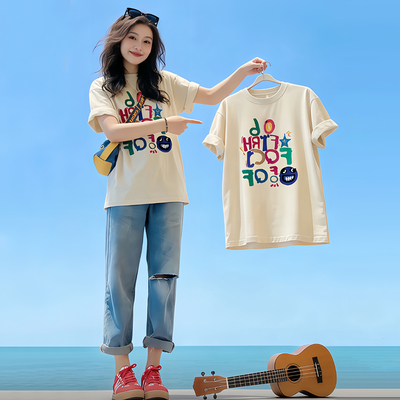 韩系字母印花圆领宽松短袖T恤女