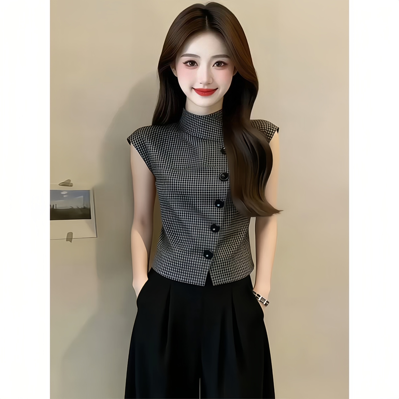 复古千鸟格立领无袖格子衬衫女2026夏季新款时尚休闲纽扣装饰上衣