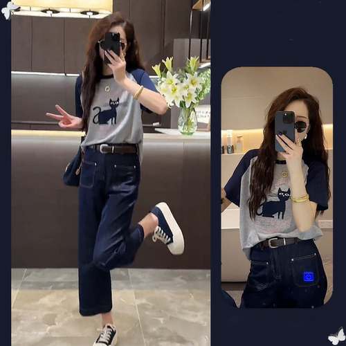 梨形身材短袖上衣牛仔裤两件套