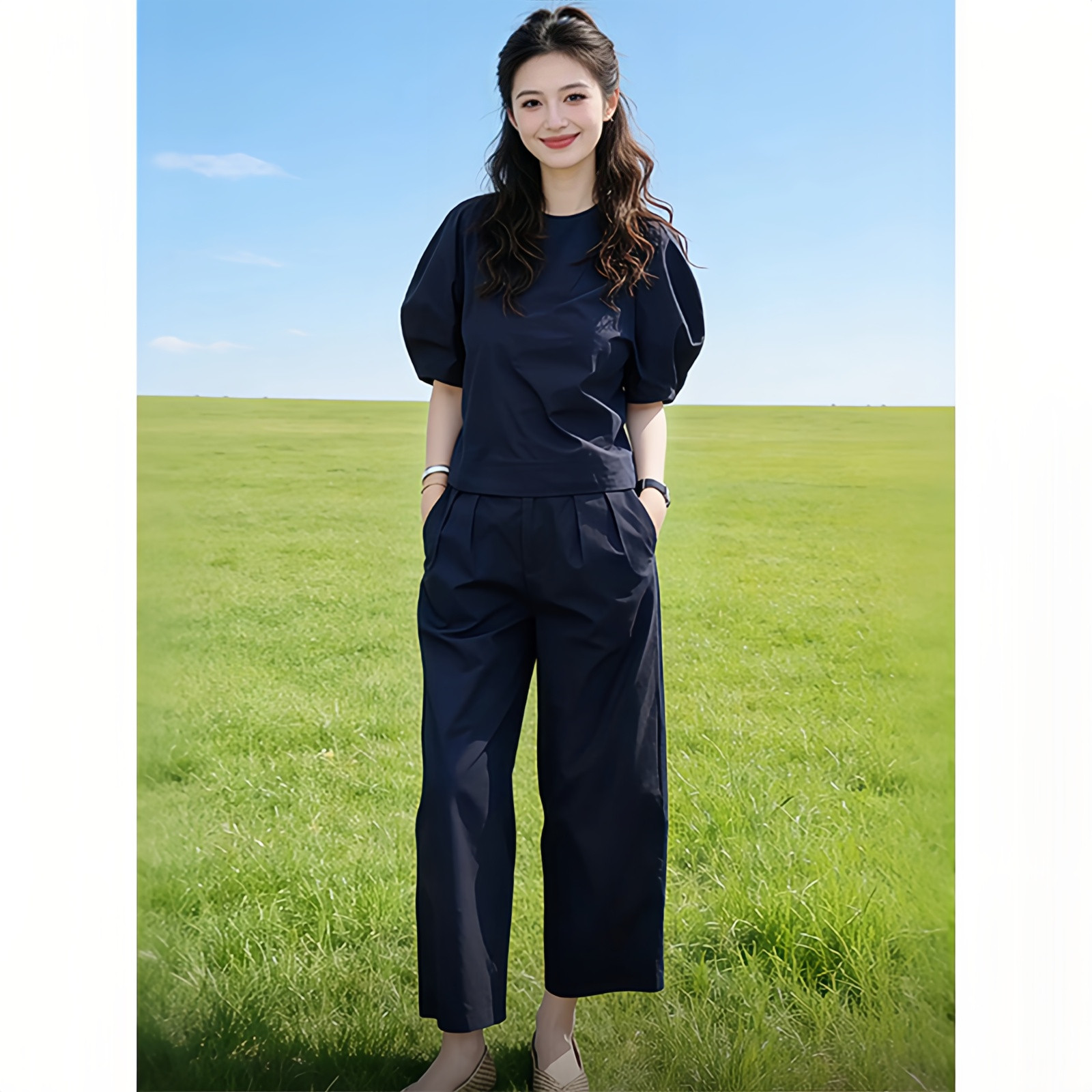 2026夏装一整套穿搭灯笼袖设计感圆领衬衫女九分直筒休闲裤两件套