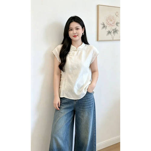 新中式斜襟盘扣珠光无袖上衣女