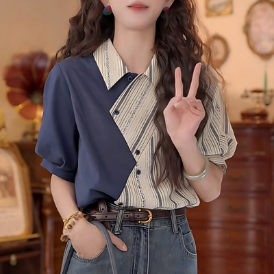 不规则拼接条纹翻领短袖衬衫女